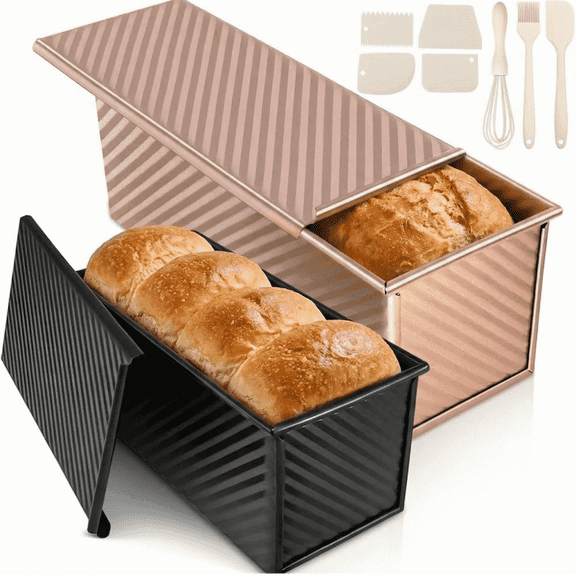 1lb & 2.2lb Pullman Bread Pan Set with Covers - Toolkit Included, Square Loaf Molds for Sandwich Bread & Sourdough, Complete Baking