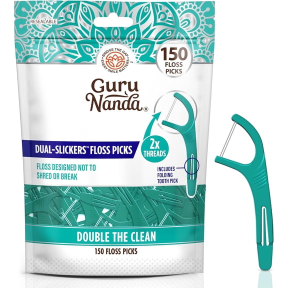 Dual Slickers Floss Picks - Double Threaded Dyneema Dental Floss with Foldable Toothpick for Effective Plaque Removal - Unflavored- 150 Ct