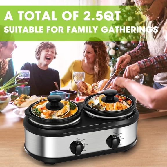 Dual Slow Cooker Buffet Server Food Warmer with 3 Adjustable Temperature Modes, Double Slow Cooker with 1.5 QT Ceramic Pot and Removable Glass Lid, Dishwasher Safe, Stainless Steel