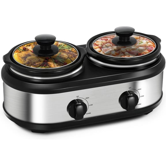 Dual Slow Cooker Buffet Server Food Warmer with 3 Adjustable Temperature Modes, Double Slow Cooker with 1.5 QT Ceramic Pot and Removeable Glass Lid, Dishwasher Safe, Stainless Steel Y101