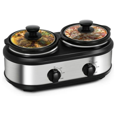 Dual Slow Cooker Buffet Server Food Warmer with 3 Adjustable Temperature Modes, Double Slow Cooker with 1.5 QT Ceramic Pot and Removeable Glass Lid, Dishwasher Safe, Stainless Steel