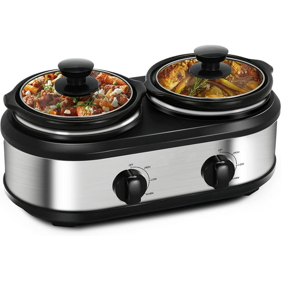 Dual Slow Cooker, Buffet Servers and Warmers with 2 X 1.25Qt, Tempered glass lids and Lid Rests, 3 Adjustable Temp, Stainless Steel