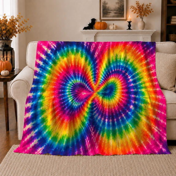 Dual Spiral Tie Dye Sofa Scene, Retro Crinkle Dye Style for Tie Dye Lovers, Rainbow Spiral Mantel Theme and Halloween Gift, Warm Flannel Blanket for Bedroom Living Room, Home Decor