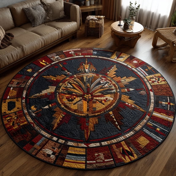 Dual Spirit Feathers Quilted Round Mat, Double Feather Round Floor Mat, Native Inspired Nature Home Decor Rug, Quilted Area Carpet for Bedroom Living Room