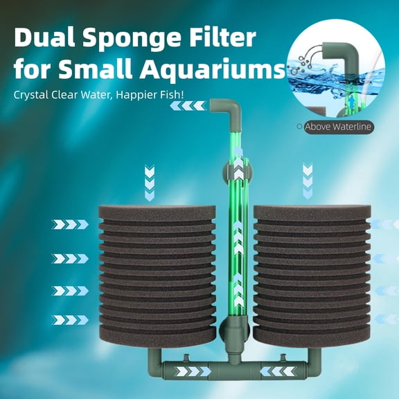 Dual Sponge Filter Large for 30-40 Gallon Aquariums, Adjustable Bio Filter with Telescopic Tube, Mechanical & Biological Filtration (Air Pump Not Included)