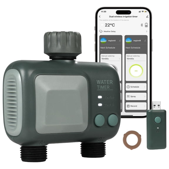 Dual Spout Smart WiFi Sprinkler Timer with Brass Inlet App Control via 2.4GHz WiFi Bluetooth Alexa Google Assistant Voice IPX6 Waterproof for Garden Watering