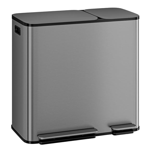 Dual Stainless Steel Kitchen Trash Can Set 50L + 20L, Step Pedal Garbage Bin Combo with Soft Close Lids and Removable Inner Buckets, Recycling Waste Separation Bin for Home Kitchen Gray