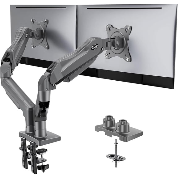 Dual Stand, Fully Adjustable Desk Mount for 13-32? Computer Screens, Full Motion VESA 75x75/100x100 with C-Clamp & Grommet Base, Each Arm Holds 4.4 to 19.8 lbs -Grey