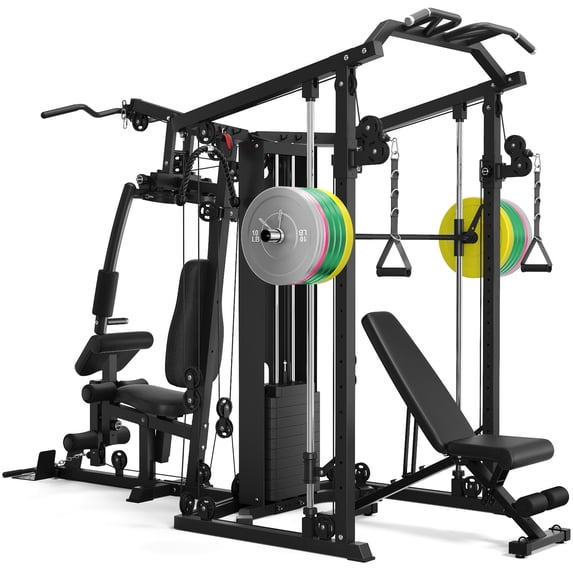 Dual-Station Smith Machine Home Gym, 140LB Weight Stack with LAT Pull-Down & Leg Press, All-in-One Workout Station for Couples & Family Strength Training