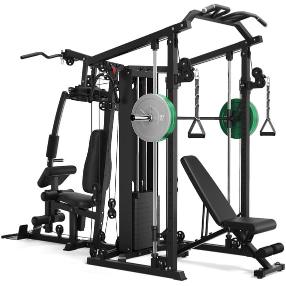 Dual-Station Smith Machine Home Gym, 140LB Weight Stack with LAT Pull-Down & Leg Press, All-in-One Workout Station for Couples & Family Strength Training