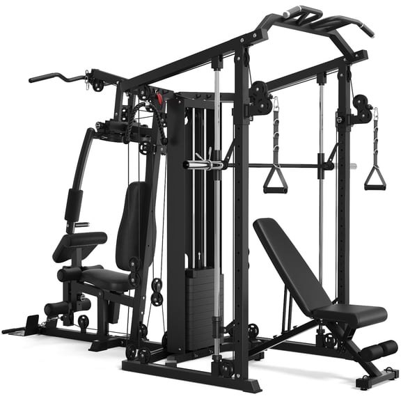 Dual-Station Smith Machine Home Gym, 140LB Weight Stack with LAT Pull-Down & Leg Press, All-in-One Workout Station for Couples & Family Strength Training