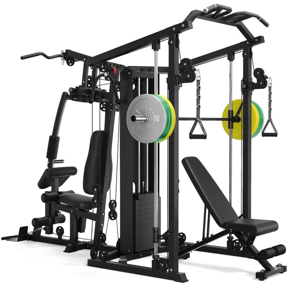 Dual-Station Smith Machine Home Gym, 140LB Weight Stack with LAT Pull-Down & Leg Press, All-in-One Workout Station for Couples & Family Strength Training