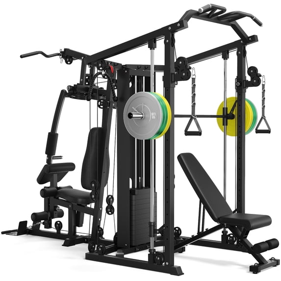 Dual-Station Smith Machine Home Gym, 140LB Weight Stack with LAT Pull-Down & Leg Press, All-in-One Workout Station for Couples & Family Strength Training