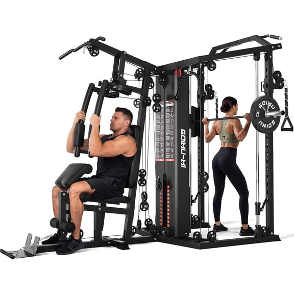 Dual-Station Smith Machine Home Gym, 140LB Weight Stack with LAT Pull-Down & Leg Press, All-in-One Workout Station for Couples & Family Strength Training