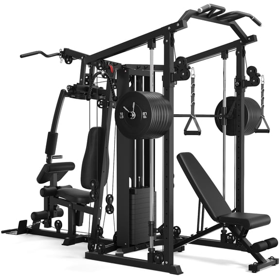 Dual-Station Smith Machine Home Gym, 140LB Weight Stack with LAT Pull-Down & Leg Press, All-in-One Workout Station for Couples & Family Strength Training
