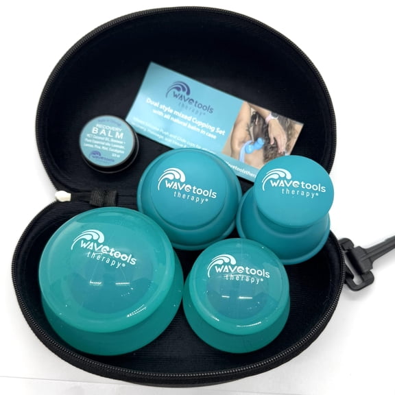 Dual Style Mixed Silicone Massage Cupping Therapy 4 pack Set with Glide and Riptide Push Cups with All Natural Balm (4 Pack, Clear Teal Glide Cups)