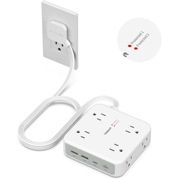 Dual Sur Protector Power Strip, 5 Ft Extension Cord Flat Wall Plug with 4 USB (2 USB C) 8 Outlets, 2100J Sur Protection, 20W Multiple Charging Station for Home, Office, Colle, Dorm, Grey