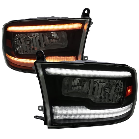 Dual Switchback Sequential LED Bar Factory Style Headlights (Black Housing/Smoke lens) Made for and Compatible with 2009-2018 Dodge RAM 1500/2010-2018 RAM 2500 3500