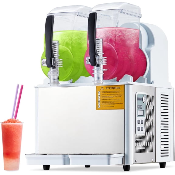 Dual Tank 4L+4L Slush Machine, Stainless Frozen Drink Maker with Auto-Clean for Restaurant, Café, Kitchen, or Home, White