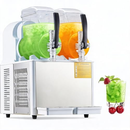 Dual-Tank Commercial Slushy Machine  2x4L Frozen Drink & Margarita Maker  370W Stainless Steel, Safe for Consumption PC  Perfect for Cafes, Bars, Restaurants, Home  White, 7.2L Total,