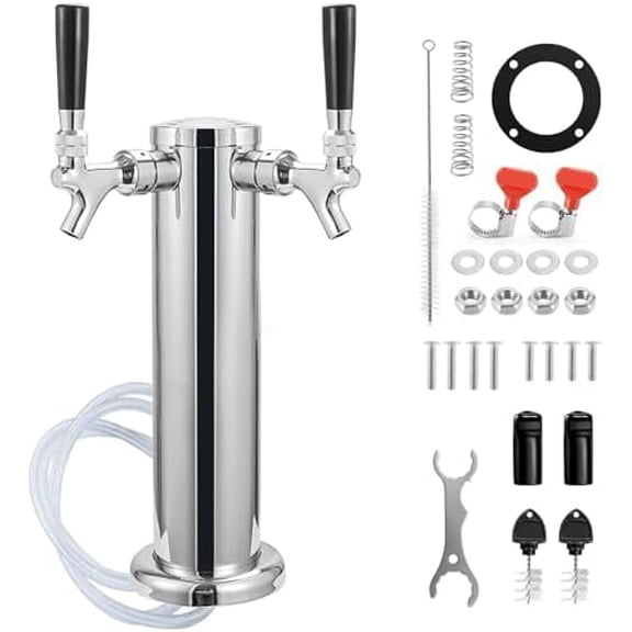 Dual Tap Draft Beer Tower, SS 3'' Kegerator Tower & Stainless Core Self-Closing Faucet Pre-assembled Keg Tower Support Countertop and Kegerator Installation for Home, Bar, Party Beer Dispenser