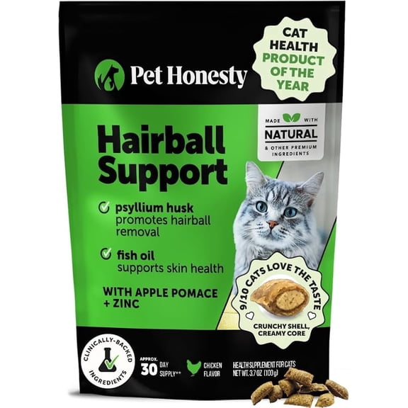 Pet Honesty Cat Hairball Support, Dual Texture Crunchy & Creamy Chews Hairball Remedy Treats and Furball Treatment w Skin Coat & Digestion Vitamins, Chicken Flavor, 3.7 oz