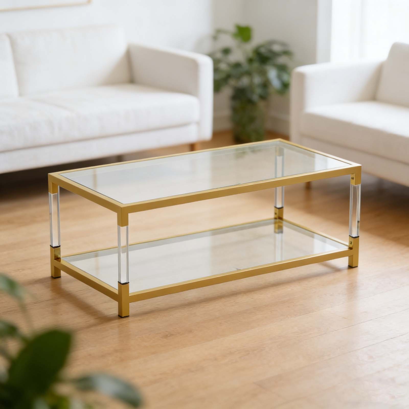 Table Gold Frame Dual-Tier Acrylic Coffee Table - Gold Frame Glass Center Table for ...