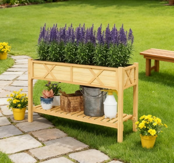 Dual-Tier Elevated Wood Planter Box, Raised Garden Bed with Storage Shelf, Drainage Holes and Liner