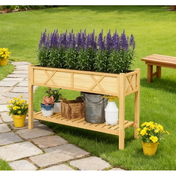 Dual-Tier Elevated Wood Planter Box, Raised Garden Bed with Storage Shelf, Drainage Holes and Liner