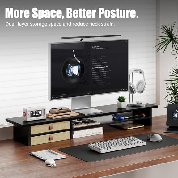 Dual-Tier Monitor Stand Riser with Drawers, Desktop Organizer Shelf Storage for Computer Screen 2 Monitors, Supports for PC Computer Monitor, Printer, Heavy TV Riser Black