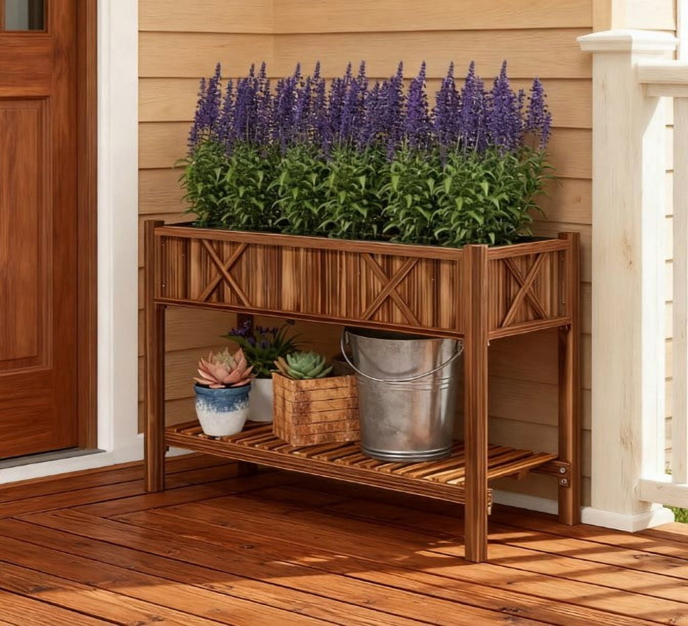 Dual-Tier Raised Garden Bed, Elevated Wood Planter Box with Storage Shelf, Drainage Holes and Liner