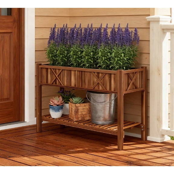Dual-Tier Raised Garden Bed, Elevated Wooden Planter Box with Storage Shelf, Drainage Holes & Liner