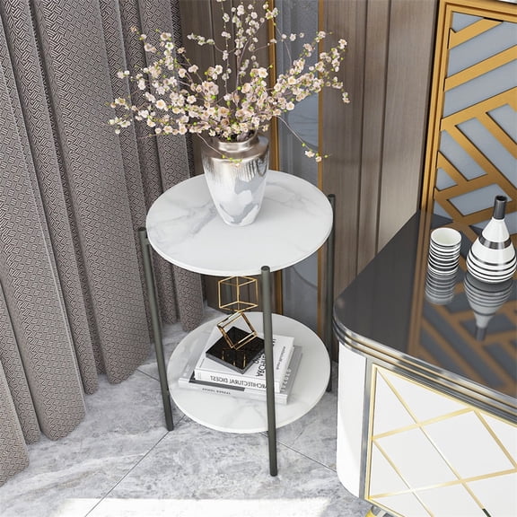 2-Tier White Marble Side End Table Sofa Coffee Tea Table Bedside Nightstand with Black Metal Frame