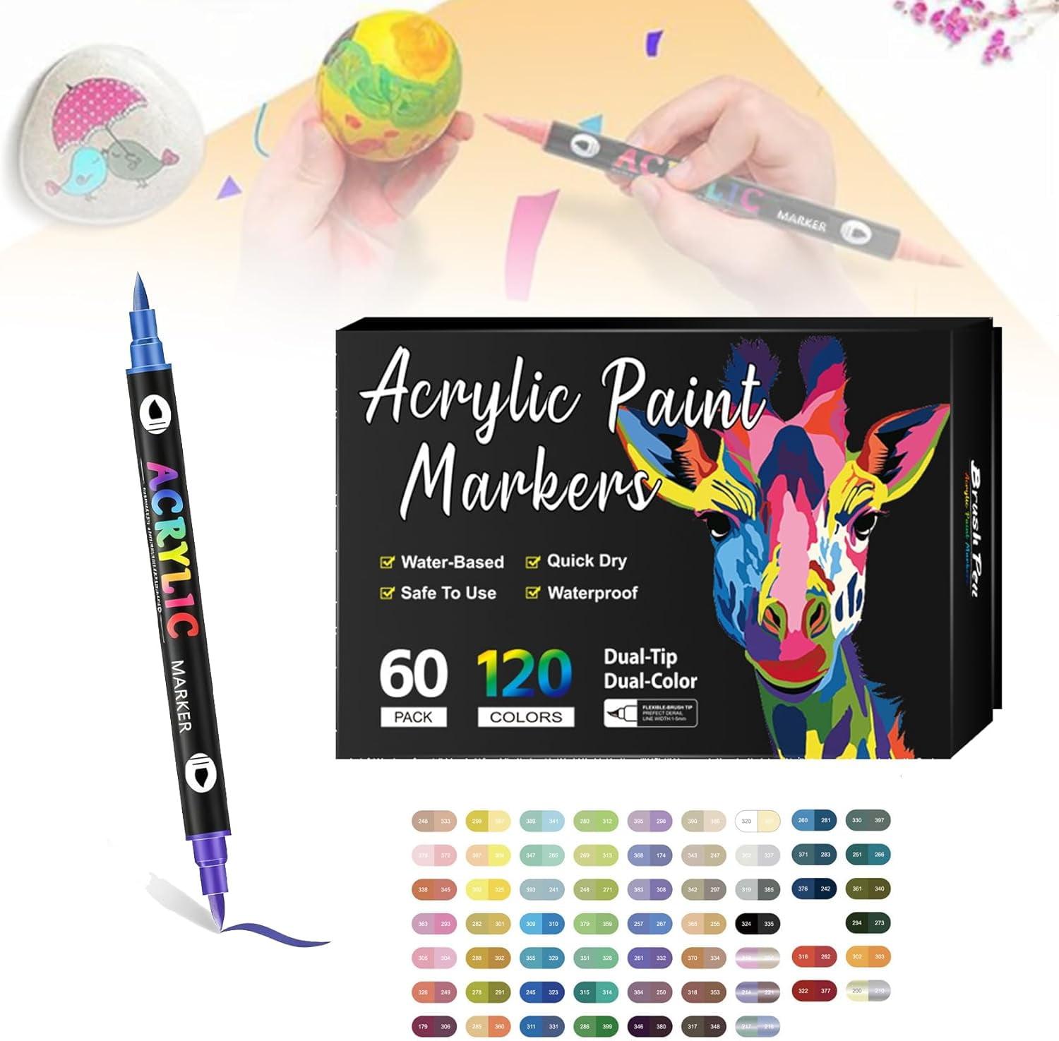 Dual Tip Acrylic Paint Pen Marker 60-Pack, Brush and Fine Tip Markers with 120 Colors for Wood, Glass, Rocks, Paper, Canvas, Professional Art Supplies for Adults and Beginners