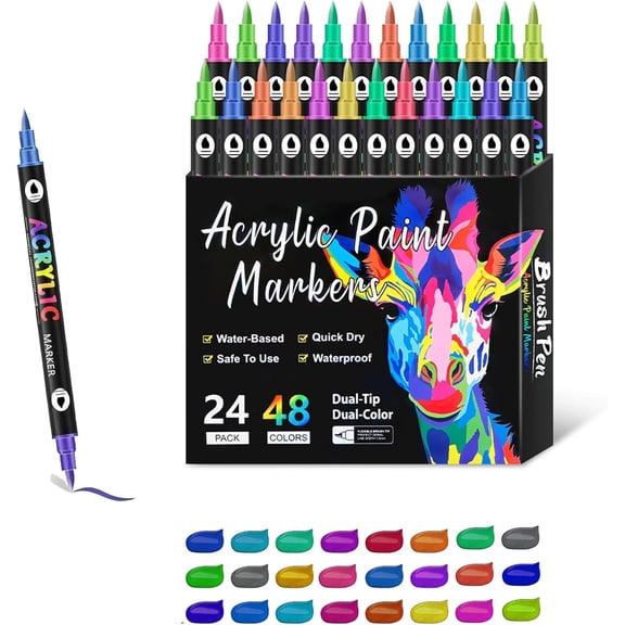 Dual Tip Acrylic Paint Pen Marker, Acrylic Paint Markers with Double-Ended Brush Tips, Dual-Color Paint Pens for Glass, Canvas and Ceramic Surfaces, Waterproof Non-Toxic