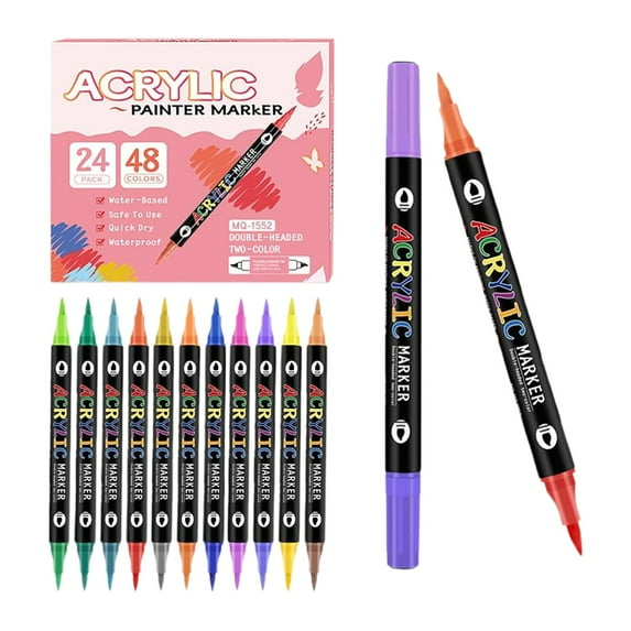 Dual Tip Acrylic Paint Pens, 48 Colors Ceramic Markers 24 Pack 48 Colors Acrylic Paint Markers Brush Tip for Rock Canvas Glass Craft Art 10ml