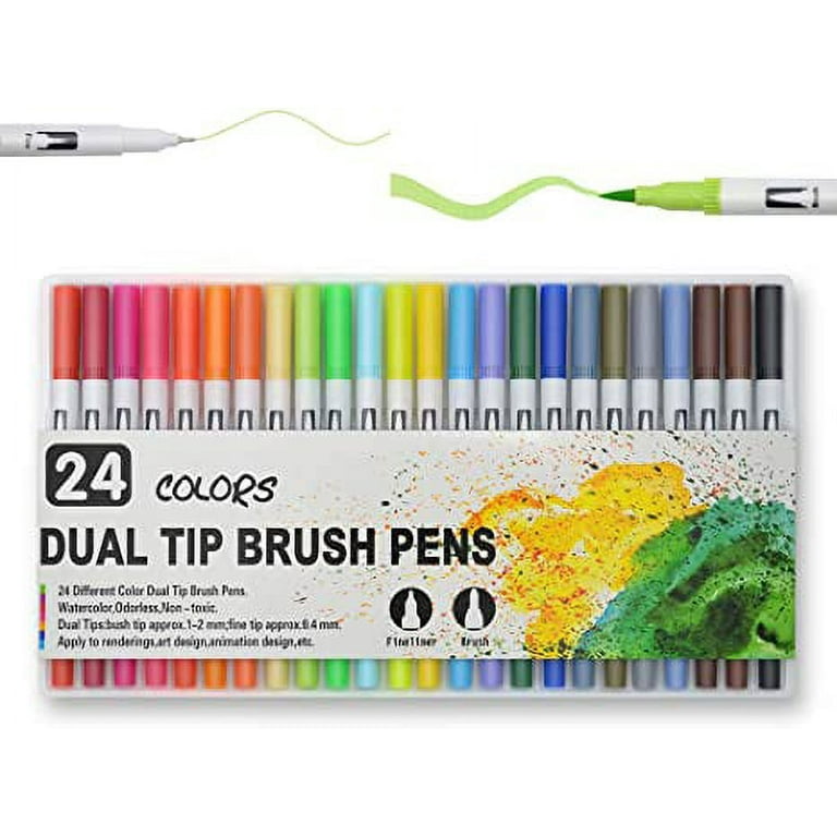 Dual Markers Brush Pen, Tips and Colored Fine Point Set, 24 Colors 