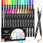Dual Tip Brush Marker Pens, Shuttle Art 25 Colors Water-based Ink, Fine and Brush Tip Marker Set with 1 Coloring Book for Adult Artist Calligraphy Hand Lettering Journal Doodling Writing