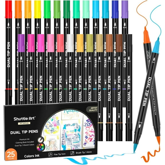 Dual Tip Brush Marker Pens, Shuttle Art 25 Colors Water-based Ink, Fine and Brush Tip Marker Set with 1 Coloring Book for Adult Artist Calligraphy Hand Lettering Journal Doodling Writing