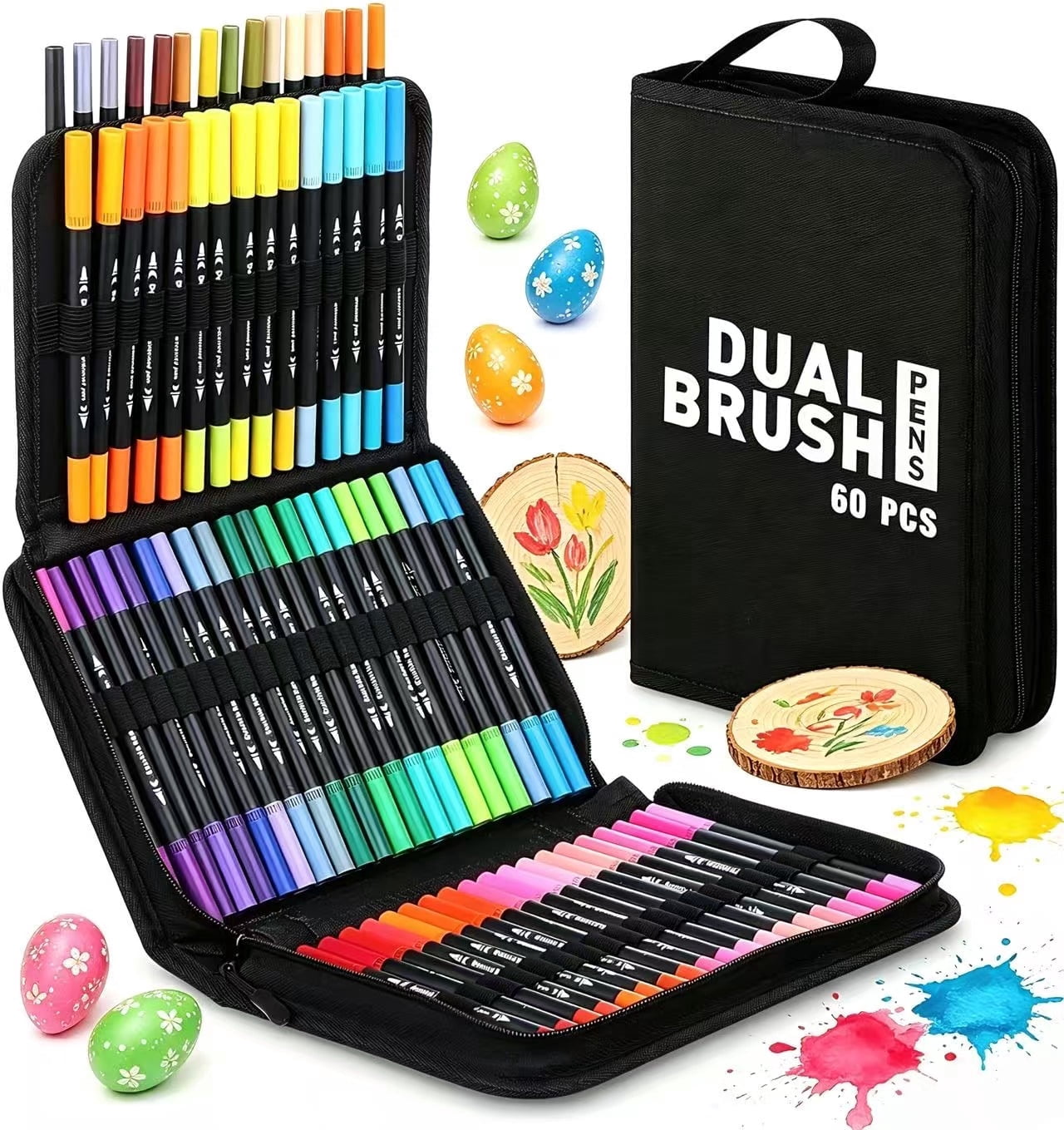 Dual Tip Brush Pens Art Markers, 60 Colors Coloring Markers Pens Set with Fine and Brush Tip fo Wood, Calligraphy, Canvas, Ceramic, Glass, Rock Painting, DIY Crafts Art Supplies Kit