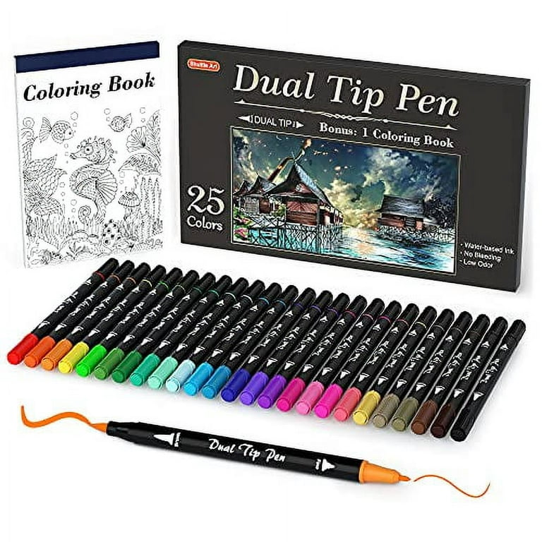 Dual Tip Brush Pens Art Markers, 25 Colors Fine and Brush Dual Tip Markers  Set with 1 Coloring Book for Kids Adult Artist Calligraphy Hand Lettering  Journal Doodling Writing