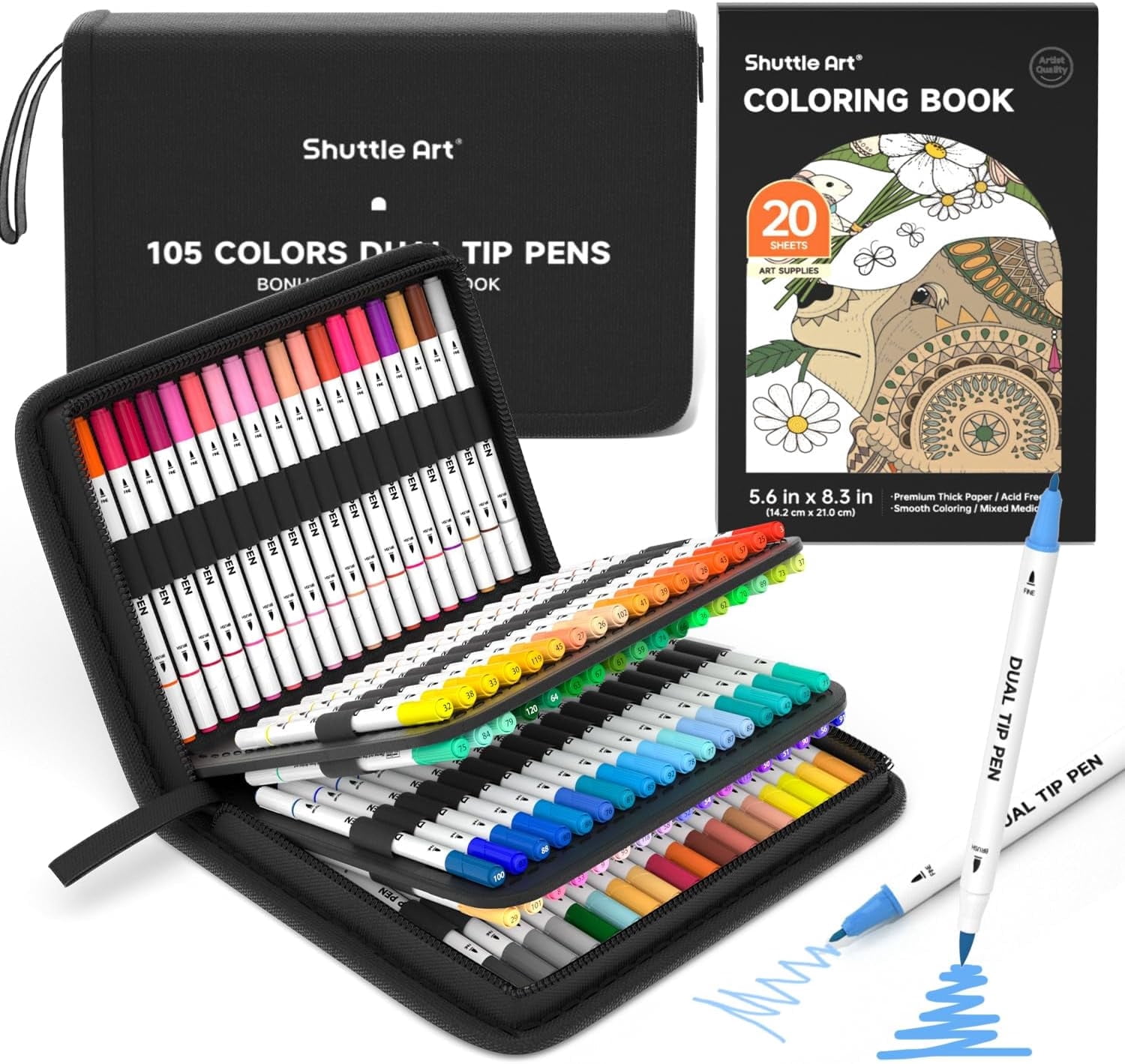 Shuttle Art Dual Tip Brush Markers Set, 105 Colors with Case and