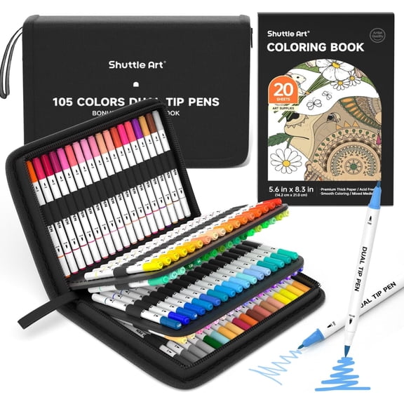 Dual Tip Brush Pens Art Markers, Shuttle Art 105 Colors Fine and Brush Dual Tip Markers Set in Portable Case with 1 Coloring Book for Adult Artist Coloring
