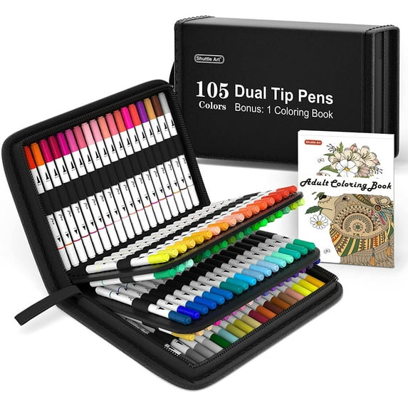Dual Tip Brush Pens Art Markers, Shuttle Art 105 Colors Fine and Brush Dual Tip Markers Set in Portable Case with 1 Coloring Book for Adult Artist Coloring