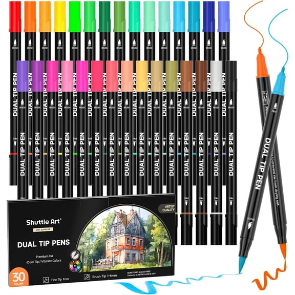 Dual Tip Brush Pens Art Markers, Shuttle Art 30 Colors Dual Tip Calligraphy Pens Fine and Brush Dual Tip Markers Set Perfect for Adult Artist Calligraphy Hand Lettering Journal Doodling Writing