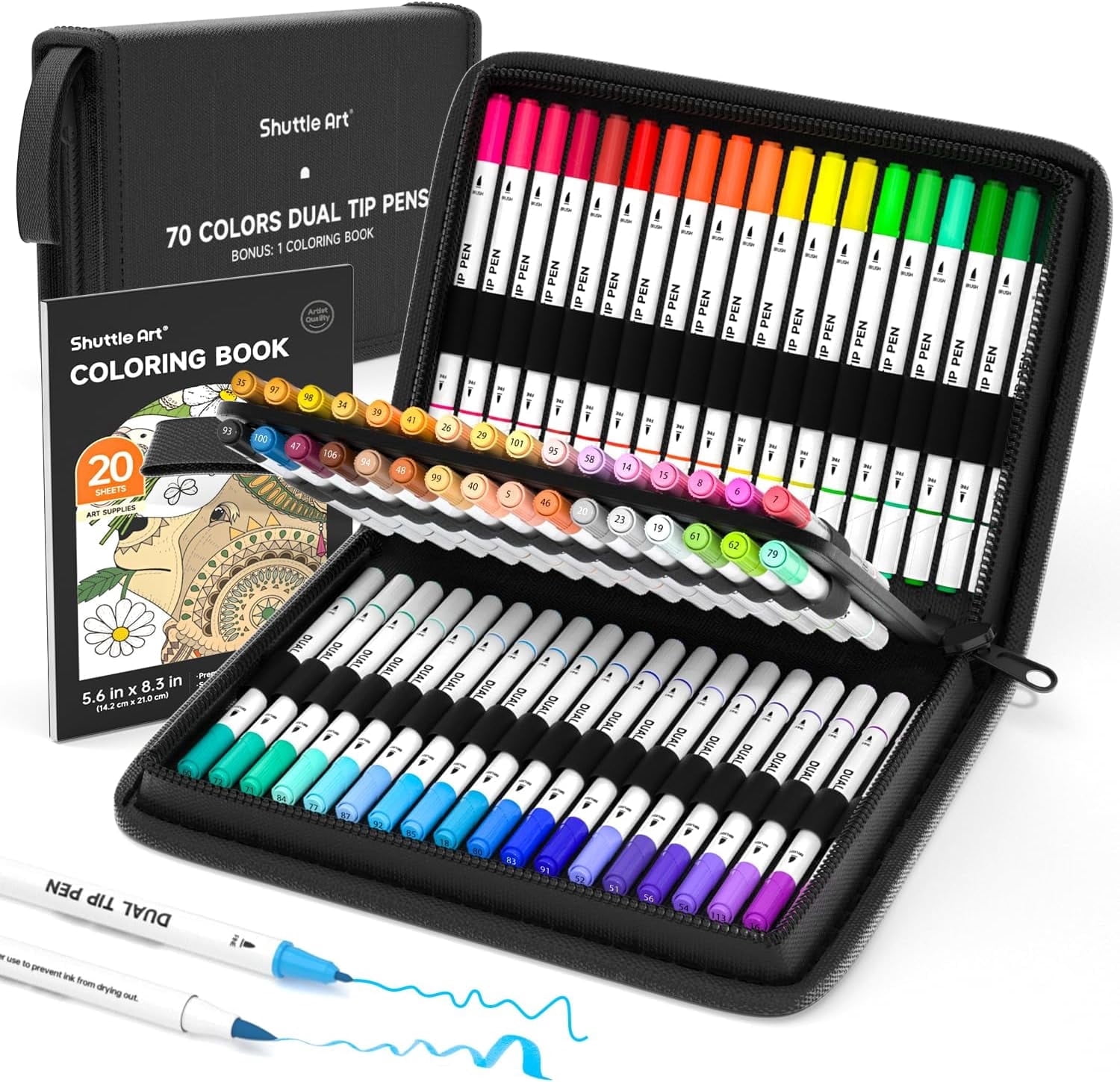 Dual Tip Brush Pens Art Markers, Shuttle Art 70 Colors Fine and Brush Dual Tip Markers Set in Portable Case with 1 Coloring Book for Adult Artist Coloring
