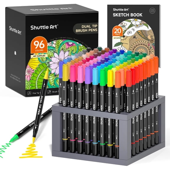 Dual Tip Brush Pens Art Markers, Shuttle Art 96 Colors Fine and Brush Dual Tip Markers Set with Pen Holder and 1 Coloring Book for Adult Artist Coloring
