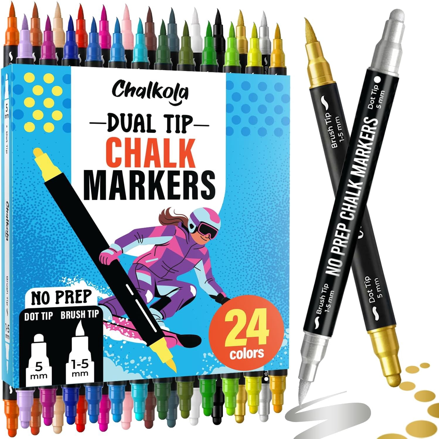 Dual Tip Chalk Markers for Blackboard - (24 Colors, Dot + Brush Tip, No Pumping) | Erasable Liquid Chalk Markers for Chalkboard, Glass, Car Window, Mirror - Washable Water Based Ink Pen