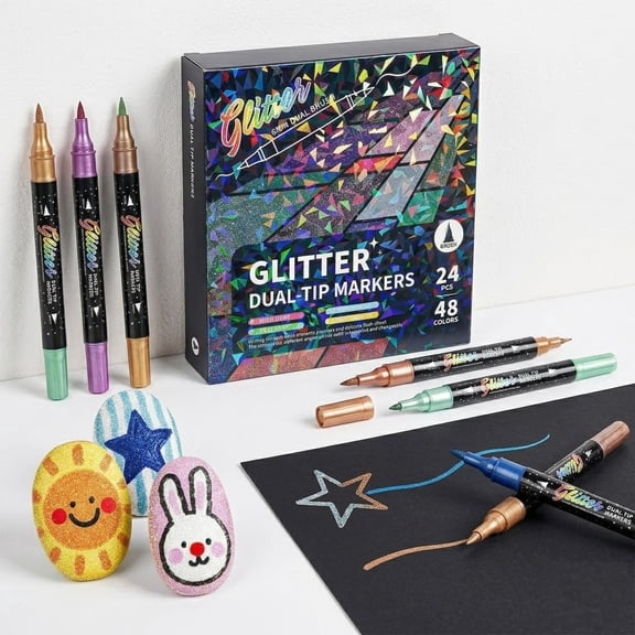 Dual Tip Glitter Brush Markers, 24Pcs 48 Colors Metallic Sparkle Pens for Doodle Writing, Coloring Books, Planners, & DIY Crafts(RL)