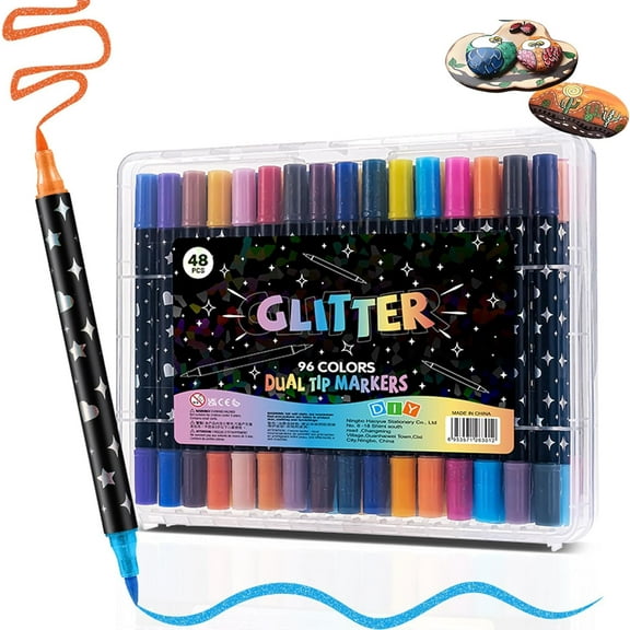 Dual-Tip Glitter Marker Pen, 12/24/36/48 Colors Glitter Brush Markers, Dual Tip Acrylic Paint Pens for Doodle Writing, Glitter Art Crafts Adults DIY Crafts Greeting Birthday Cards Making(36Color)